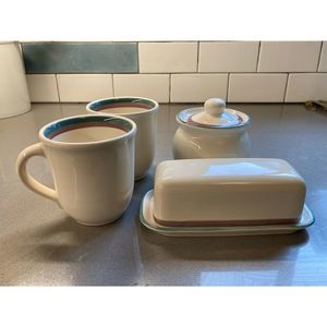 Vintage Pfaltzgraff Juniper collection butter dish, sugar dish, mugs